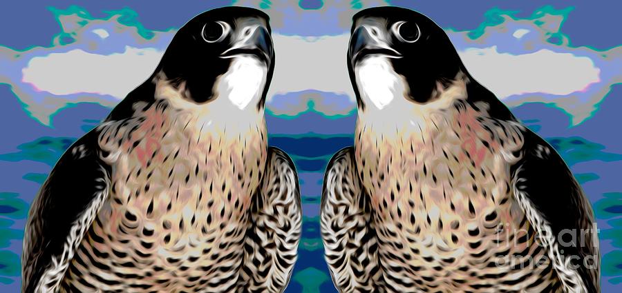 Mirrored Bird Series Peregrine Falcons Chinese Lantern Smudge Effect Mixed Media by Rose Santuci-Sofranko