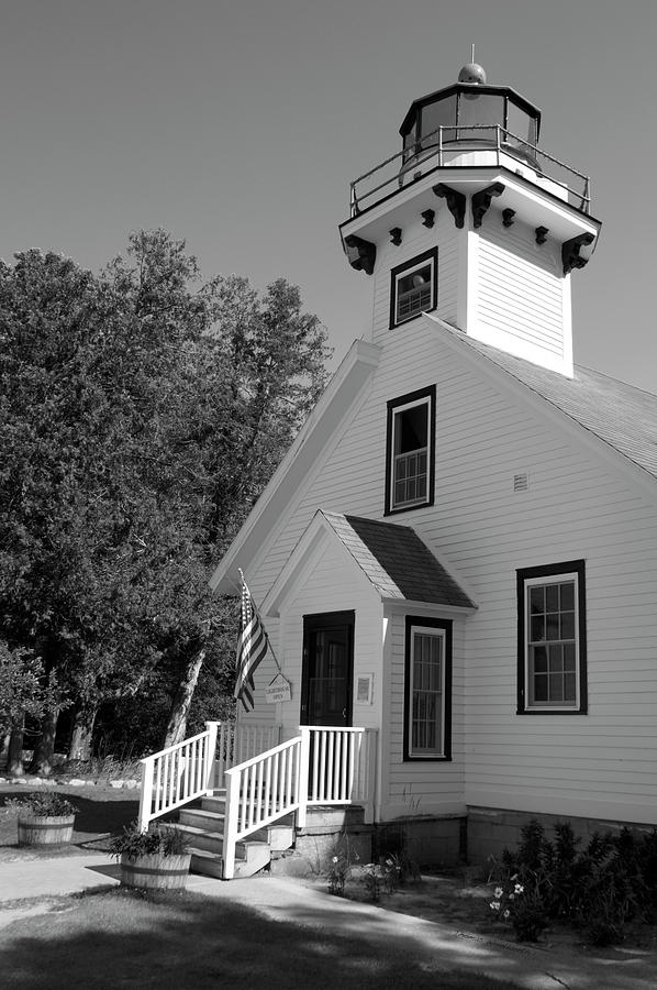 Mission Point Lighthouse Michigan Vertical BW 02 Photograph by Thomas Woolworth