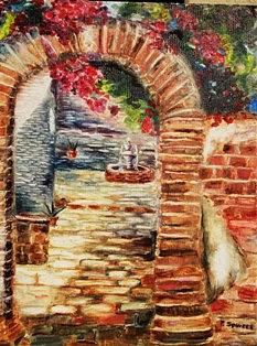 Flower Painting - Mission San Juan Prayer Courtyard by Pamela  Squires