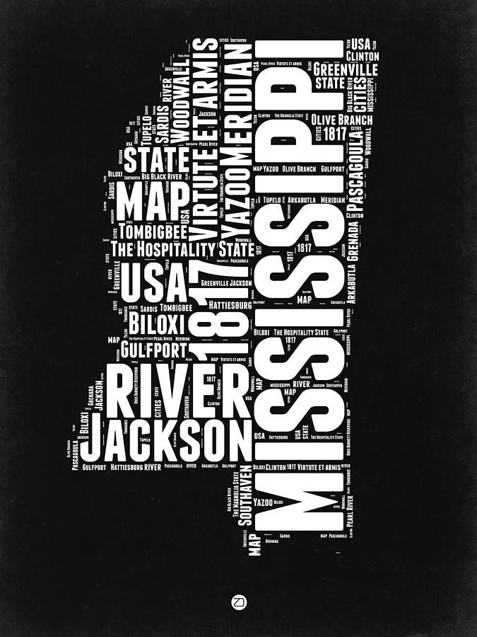 Independence Day Digital Art - Mississippi Black and White Map by Naxart Studio