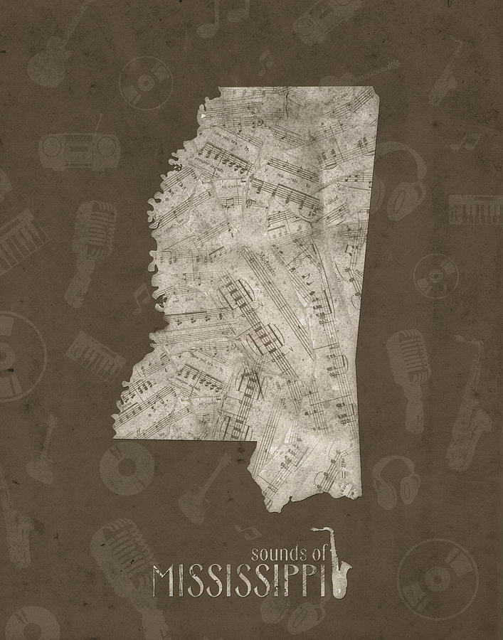 Mississippi Map Digital Art - Mississippi Map Music Notes 3 by Bekim M