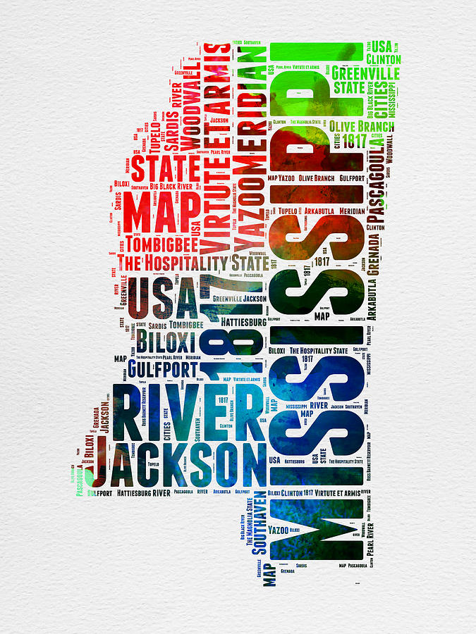 Mississippi Map Digital Art - Mississippi Watercolor Word Cloud  by Naxart Studio