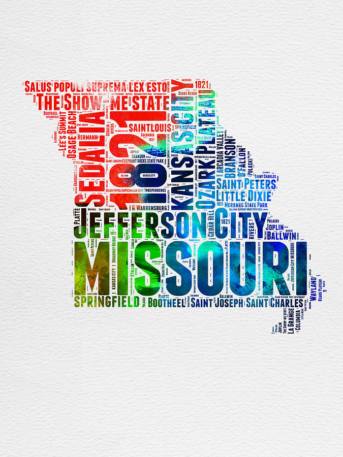 Missouri Map Digital Art - Missouri Watercolor Word Cloud Map  by Naxart Studio