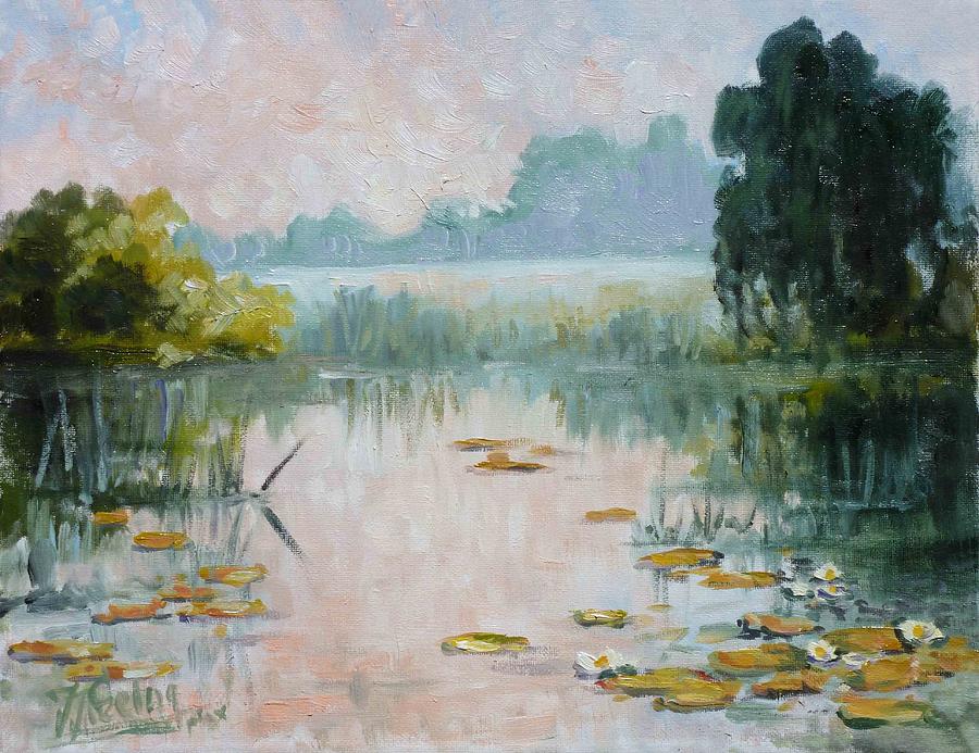 Mist over water lilies pond Painting by Irek Szelag