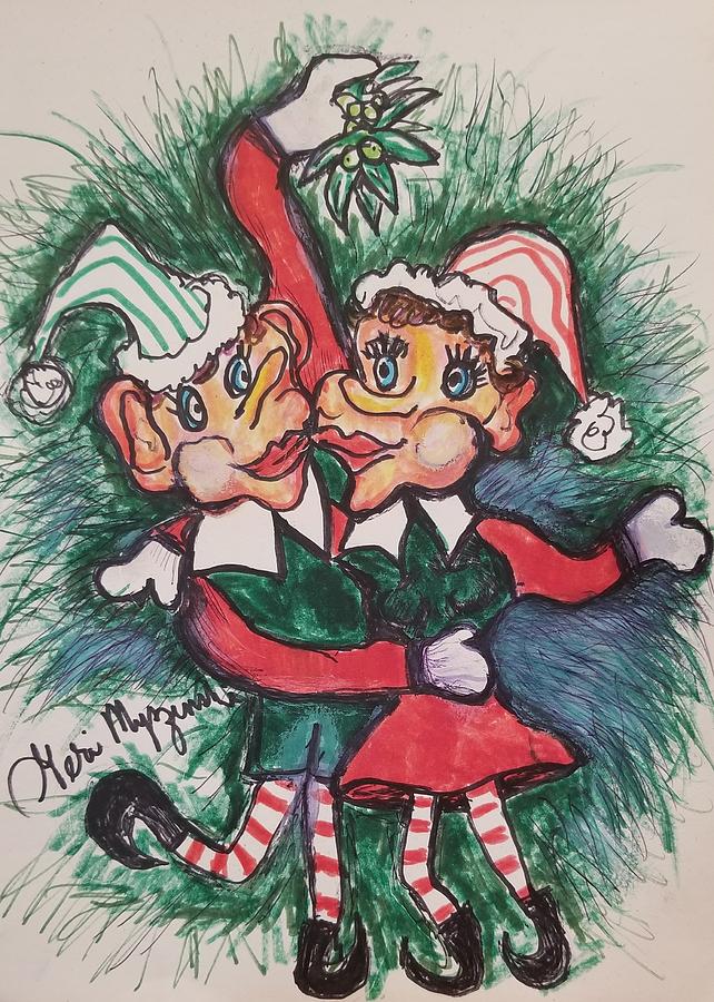Christmas Drawing -  Mistletoe Pixie Elves by Geraldine Myszenski