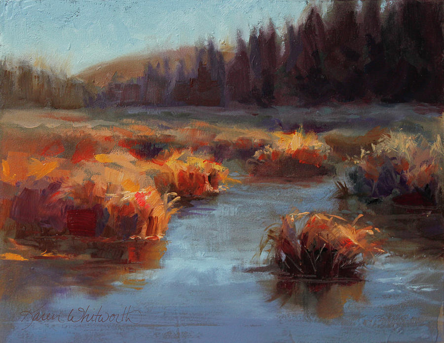 Misty Autumn Meadow With Creek and Grass - Landscape Painting From Alaska Painting by K Whitworth