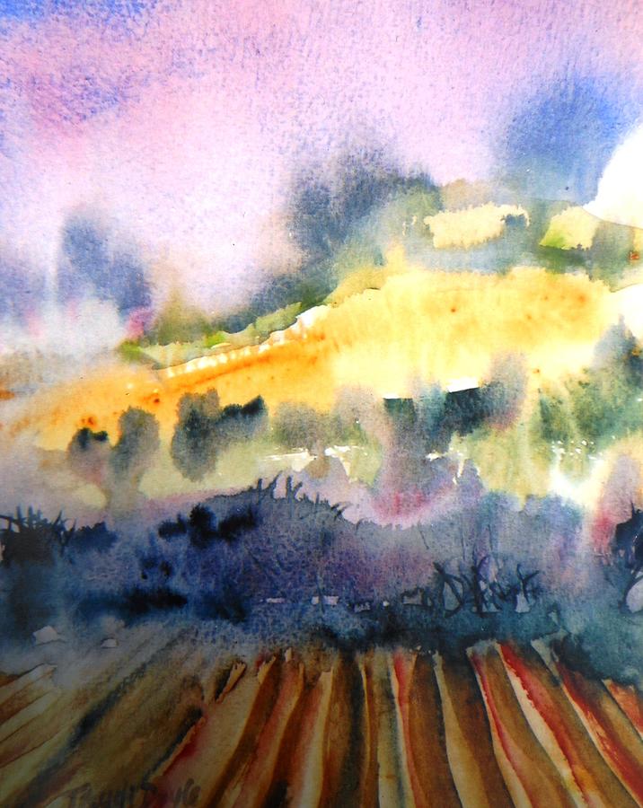 Misty Dawn over Ploughed Field  Painting by Trudi Doyle