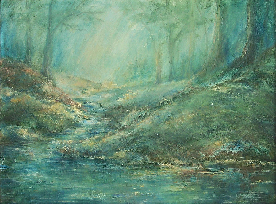 The Misty Forest Stream Painting by Mary Wolf