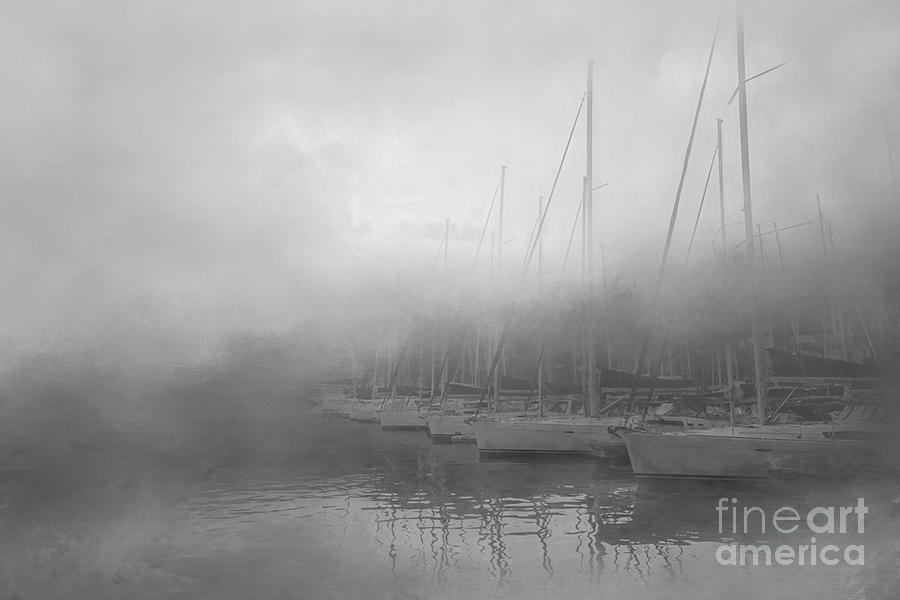 Black And White Photograph - Misty Mooring BW by Kelley Freel-Ebner