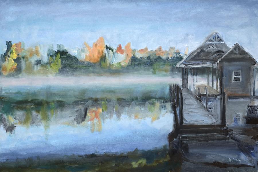 Misty Morning Dock at Smith Mountain Lake Painting by Donna Tuten