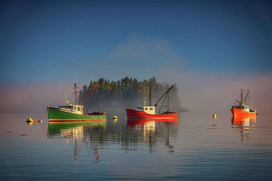 Boat Photograph - Misty Morning on Johnson Bay by Rick Berk