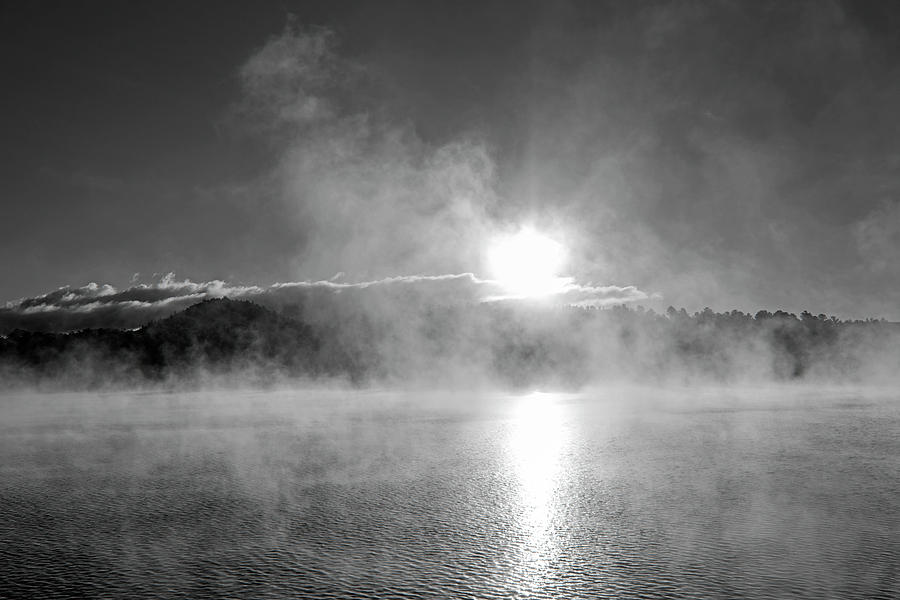 Misty morning on Mirror Lake in Lake Placid Adirondacks Sunrise Black and White Photograph by Toby McGuire