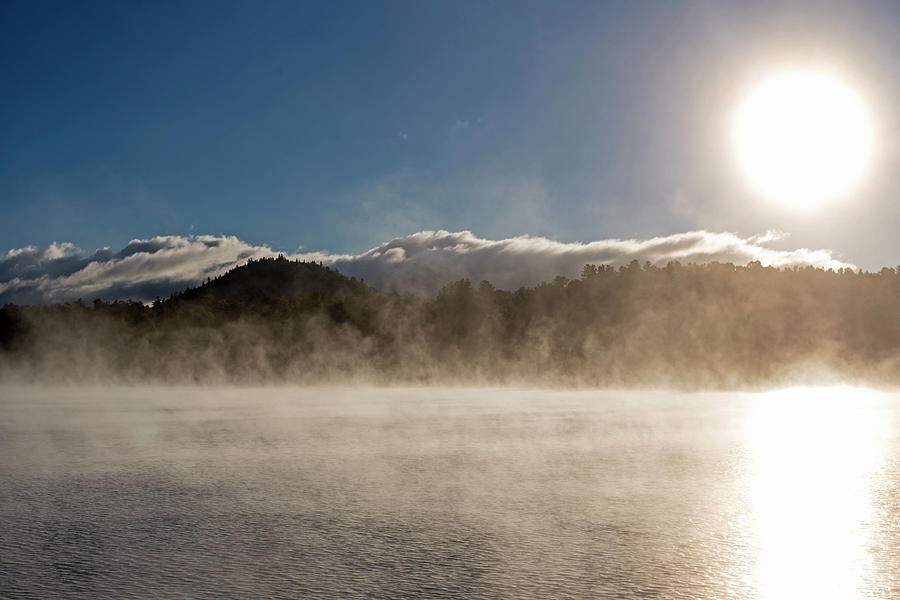 Misty morning on Mirror Lake in Lake Placid Adirondacks Sunrise Photograph by Toby McGuire