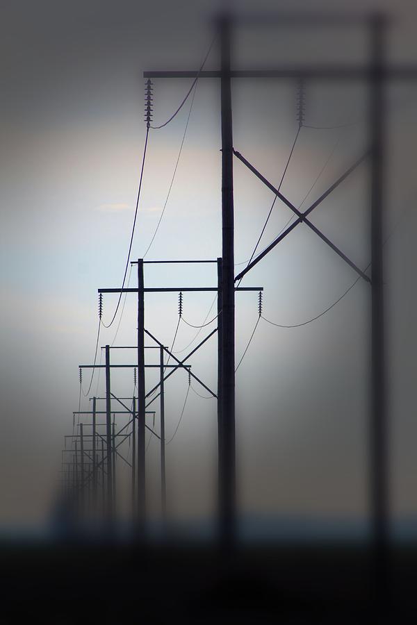 Black And White Photograph - Misty Morning Power Lines by Karen Wagner