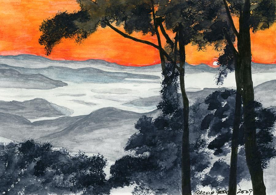 Tree Painting - Misty Mountain Sunrise by Alexis Grone