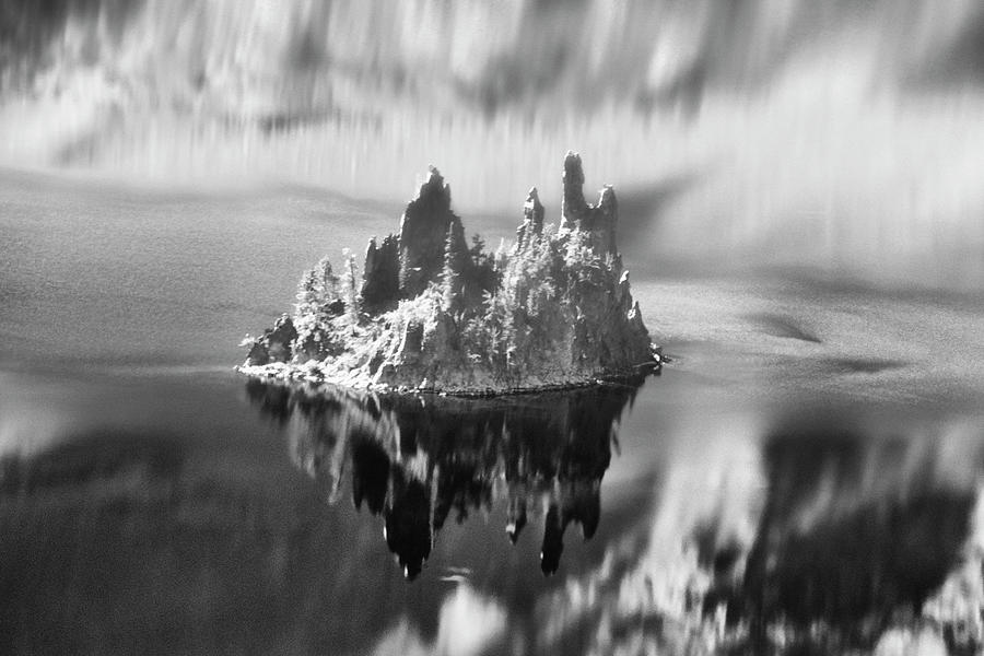 Misty Phantom Ship Island Crater Lake B W  Photograph by Frank Wilson