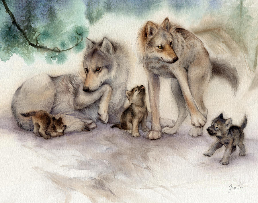 Misty Pines Wolf Family Painting by Tracy Herrmann