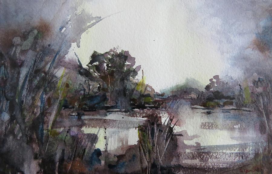 Misty Pond Painting by Geni Gorani
