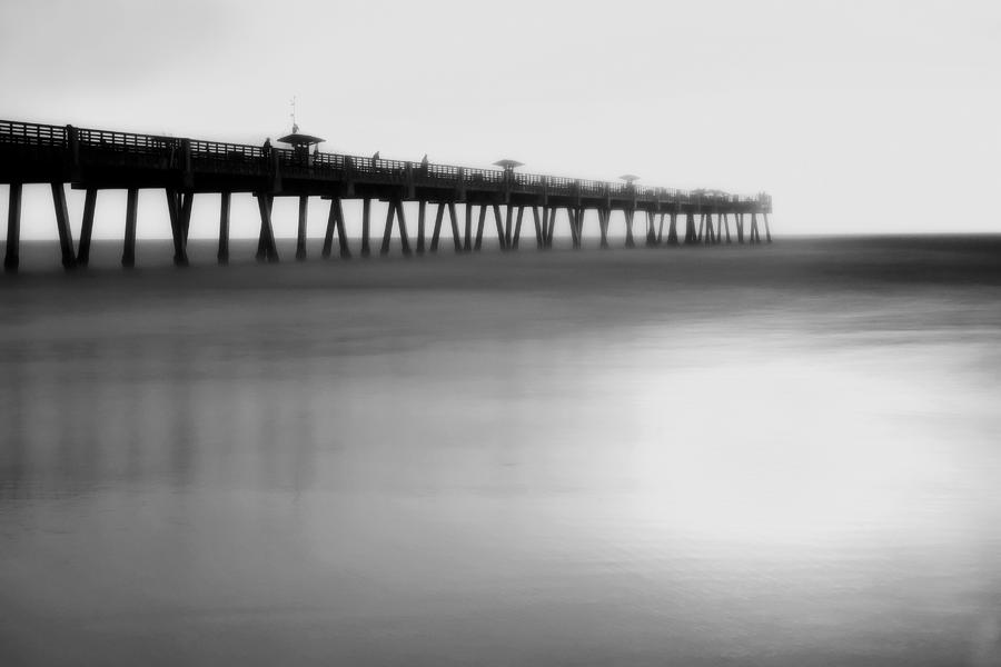 Misty Seas at Jacksonville Beach Pier - Florida - Seascape - Black and White Photograph by Jason Politte