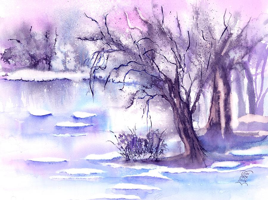 Misty Winter at a frozen Pond Painting by Sabina Von Arx