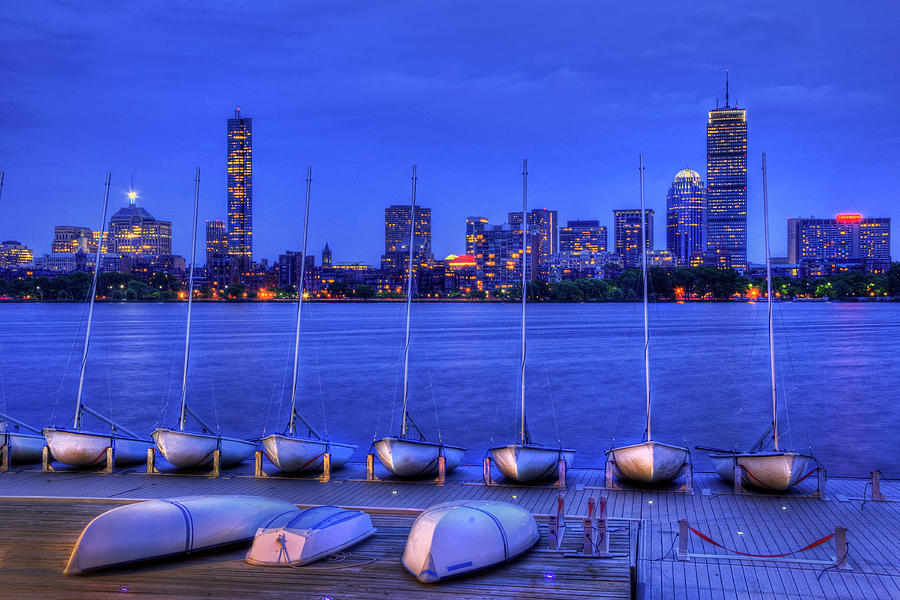 MIT Sailing Pavilion and the Boston Skyline at Night Photograph by Joann Vitali