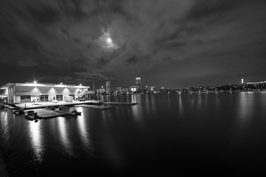 MIT Sailing Pavilion Boston MA Charles River at Night Black and White Photograph by Toby McGuire