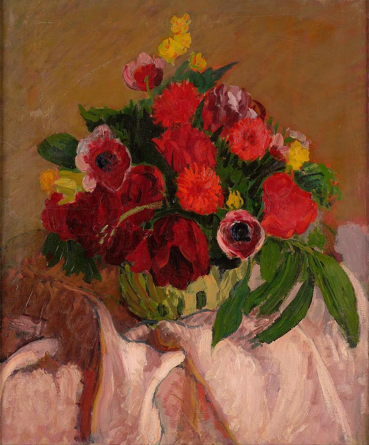 Mixed Flowers on Pink Cloth by Roderic O Conor Painting by Celestial Images