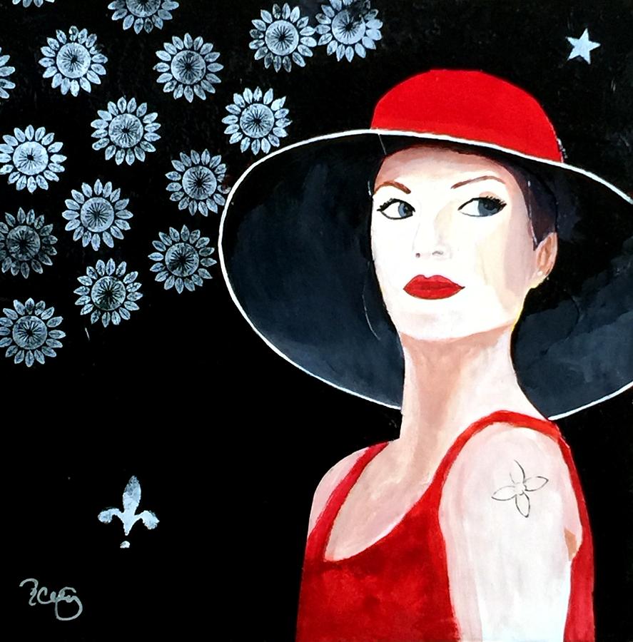 Summer Painting - Mixed Media Painting Woman Red Hat by Patricia Cleasby