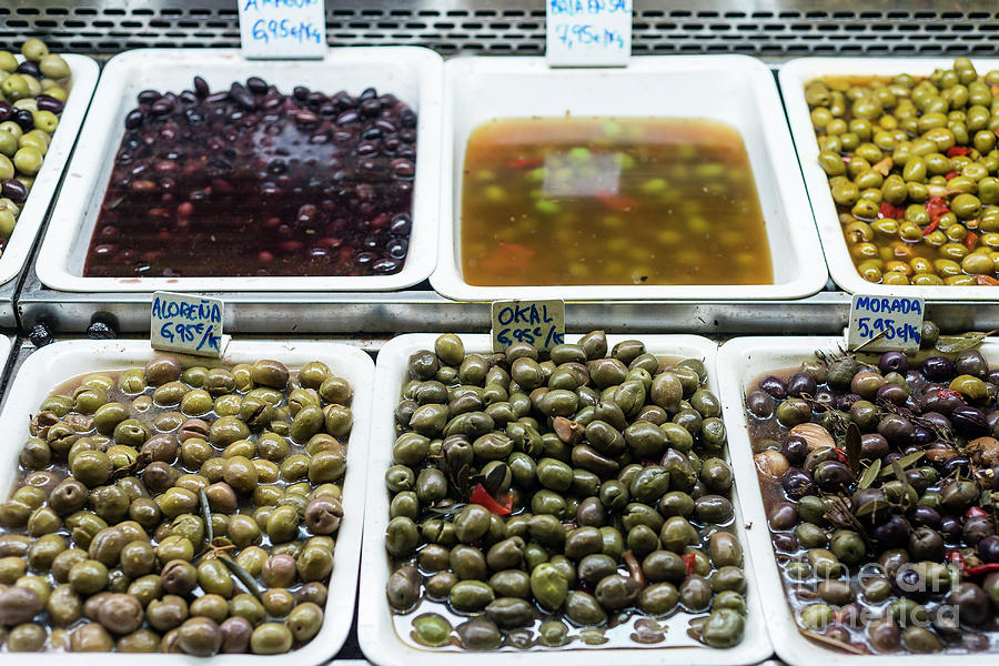 Mixed Olive Snacks In Market Display Trays Barcelona Spain Photograph by JM Travel Photography