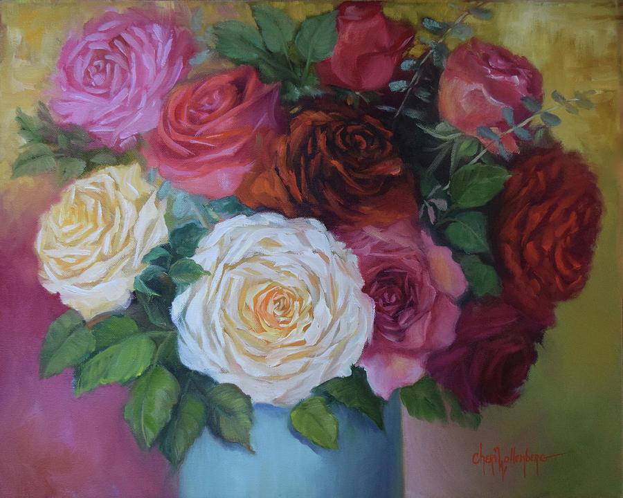 Mixed Roses In Turquoise Vase Painting by Cheri Wollenberg