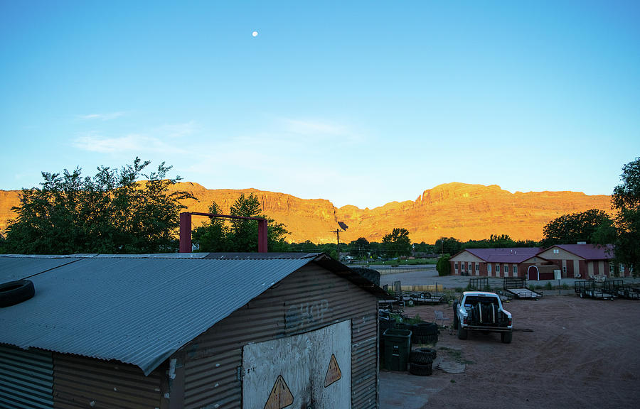Moab Morning Moon and Derelict Shop Photograph by Tom Cochran