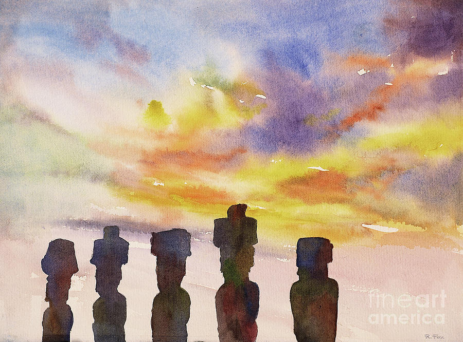 Moai Statue Sunrise Painting by Ryan Fox