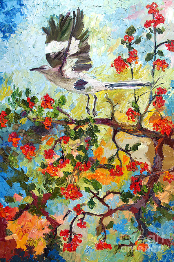 Mockingbird Painting - Impressionism Mockingbird In Holly Tree Palette Knife Painting by Ginette Callaway