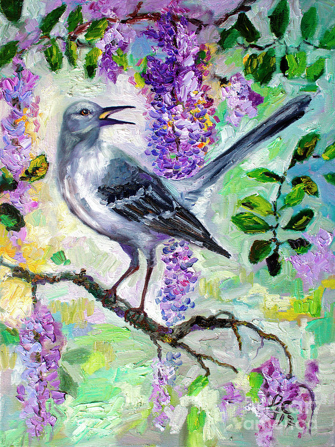 Mockingbird Song in Wisteria Painting by Ginette Callaway