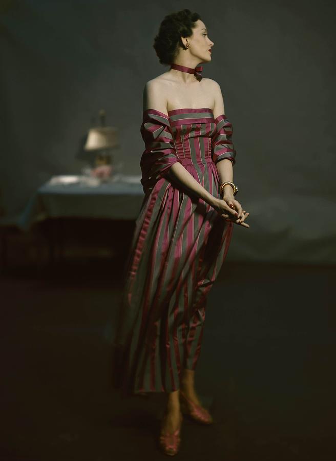 Model In Red And Green Striped Dress Photograph by John Rawlings