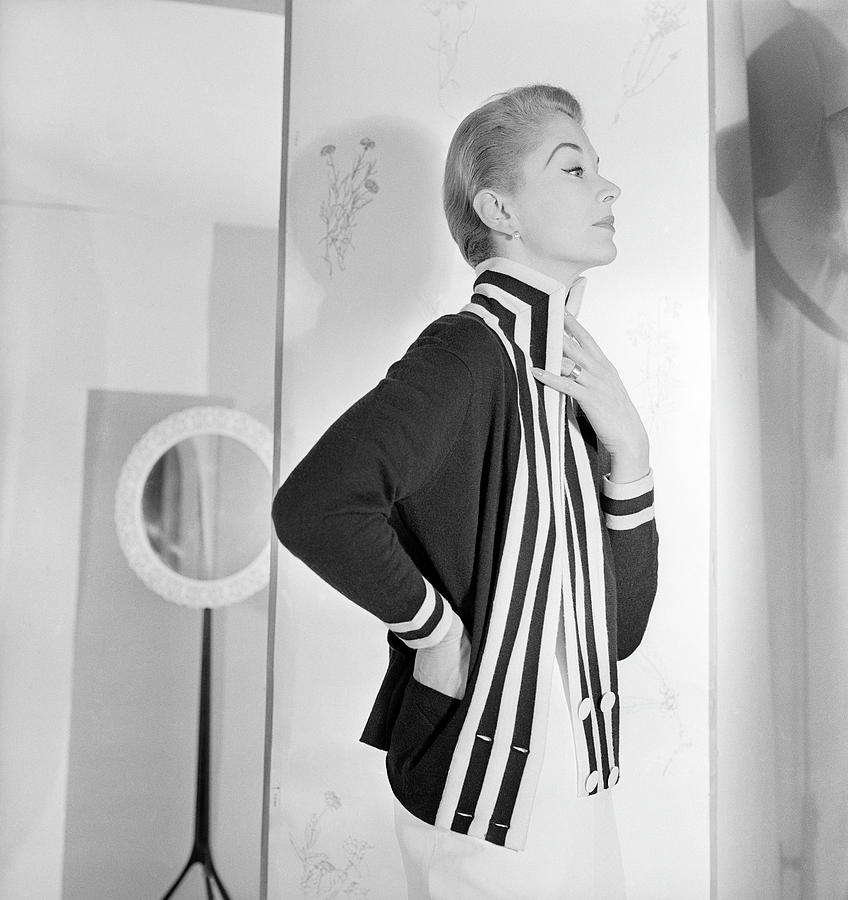 Model Wearing Striped Cardigan Photograph by Horst P Horst