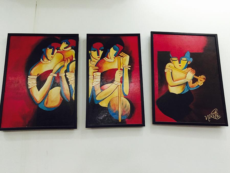 Music Painting - Modern art piece of lord krishna with his beolved gopis by Nikita Bansal