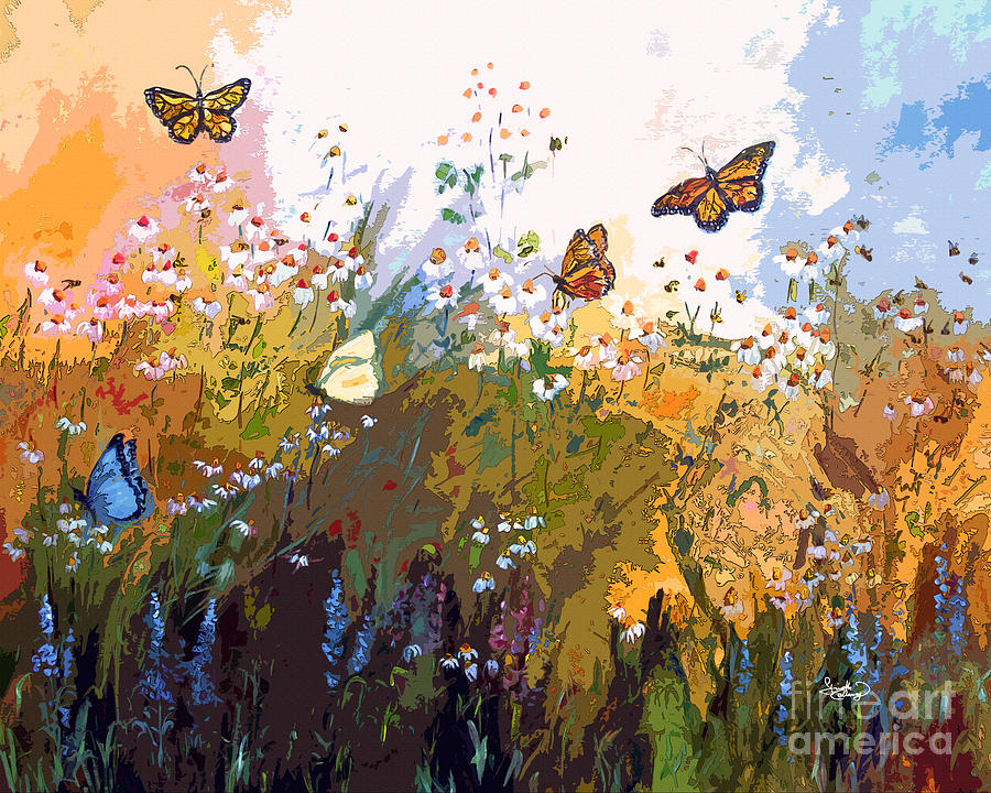 Modern Chamomille and Butterflies Painting by Ginette Callaway