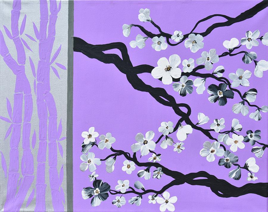 Modern Flower Blossoms Painting Purple Zen Bamboo Art  Cherry Blossom Painting  Painting by Geanna Georgescu