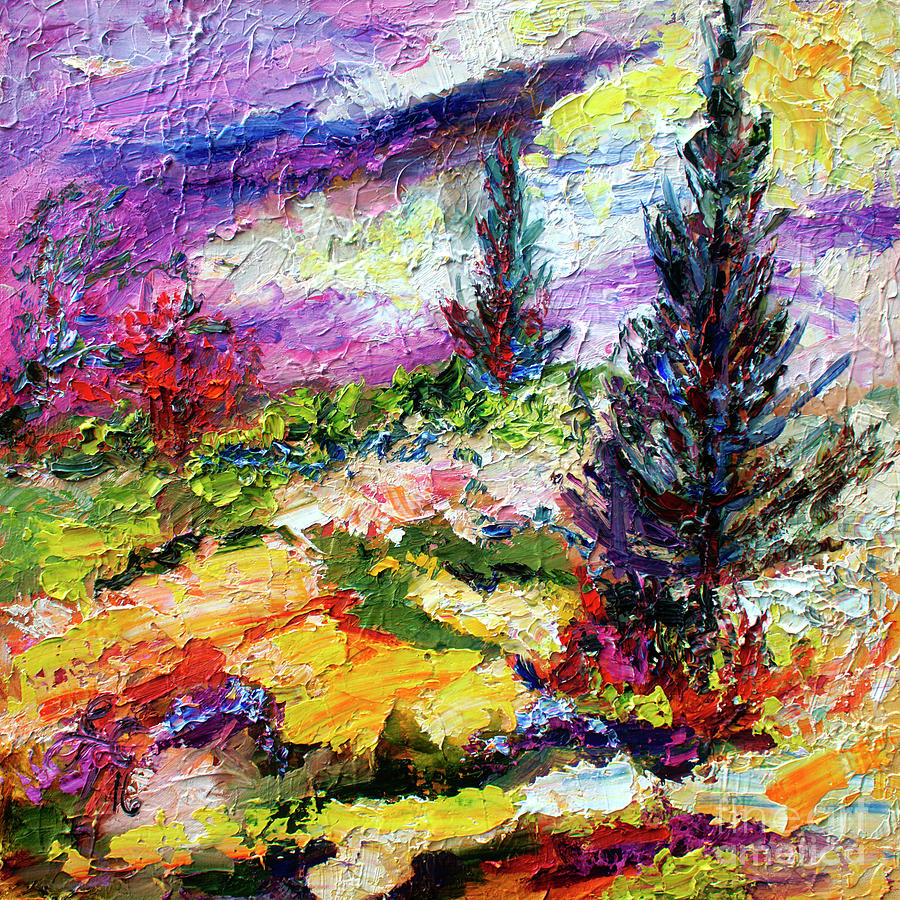 Modern Impressionist Evergreens Landscape Painting by Ginette Callaway