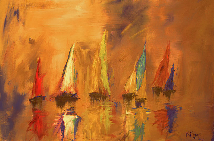 Modern Impressionistic Acrylic Painting Of Colorful Sailboats 2 Painting by Ken Figurski