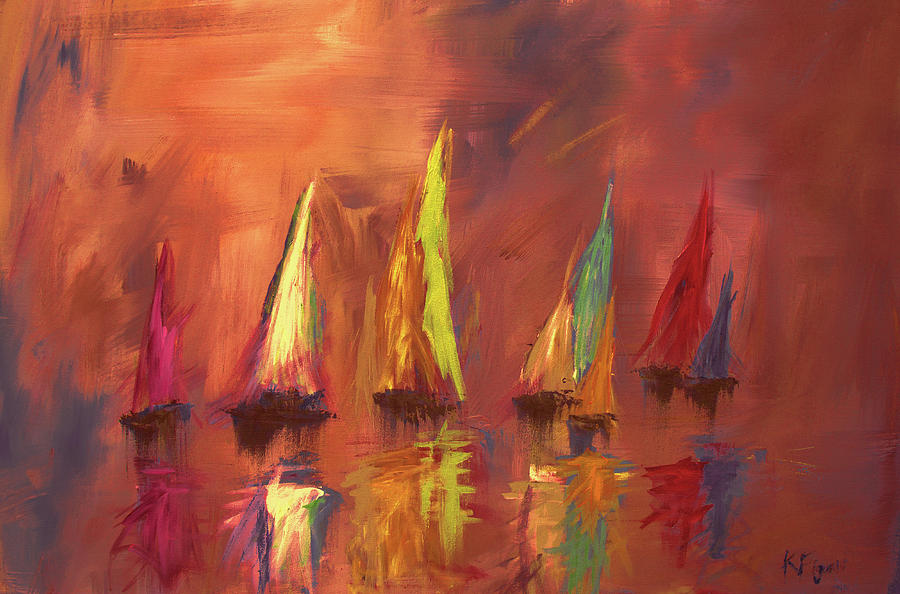 Modern Impressionistic Acrylic Painting Of Colorful Sailboats 3 Painting by Ken Figurski