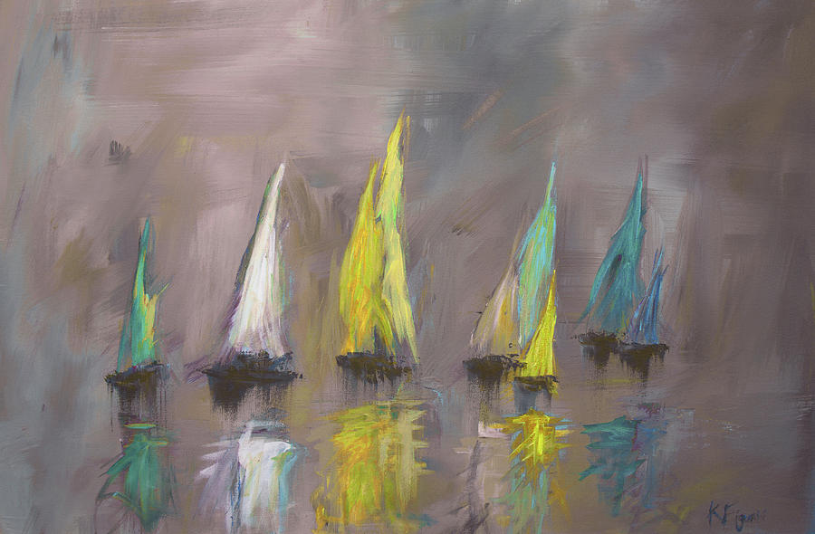 Modern Impressionistic Acrylic Painting Of Colorful Sailboats 4 Painting by Ken Figurski