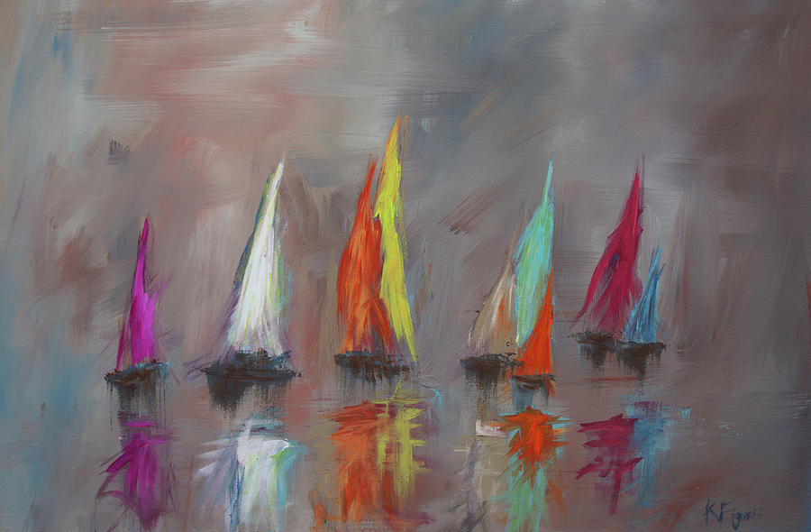 Modern Impressionistic Acrylic Painting Of Colorful Sailboats 5 Painting by Ken Figurski