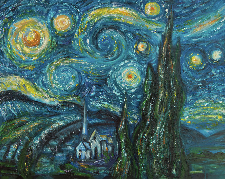 Modern interpretation of Vincent Van Goghs scene of The Starry Night. Digital Art by Lena Owens - OLena Art Vibrant Palette Knife and Graphic Design
