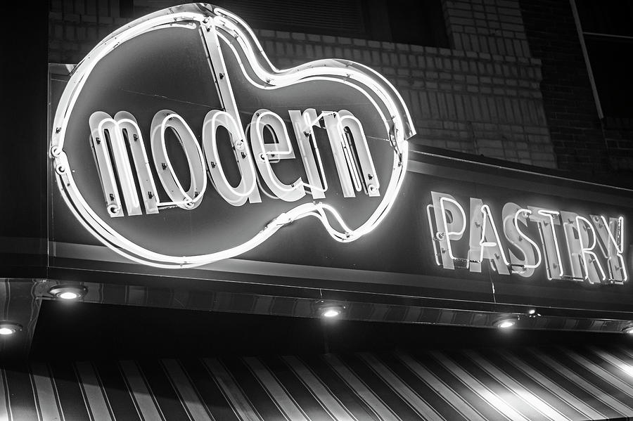 Modern Pastry Shop Boston MA North End Hanover Street Neon Sign Black and White Photograph by Toby McGuire