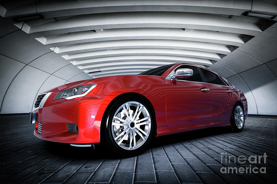Rent Movie Photograph - Modern red metallic sedan car in urban setting - tunnel. Generic design, brandless by Michal Bednarek