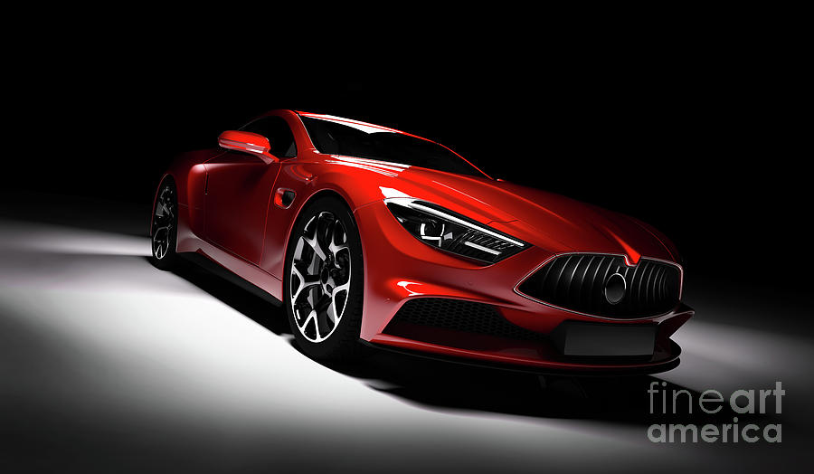 Modern red sports car in a spotlight on a black background. Photograph by Michal Bednarek