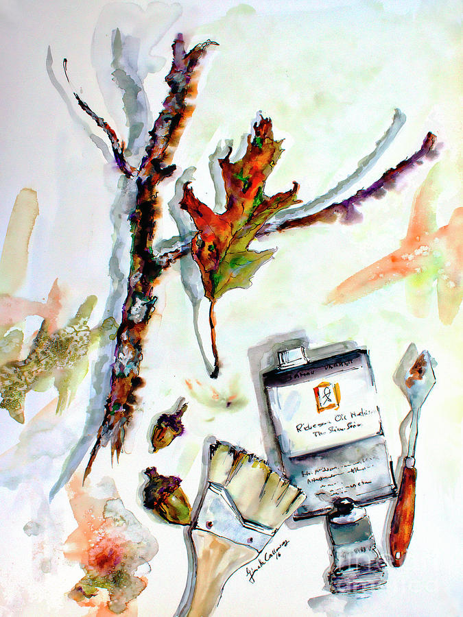 Modern Still Life Artist Tools Acorns Oak Leave  Painting by Ginette Callaway