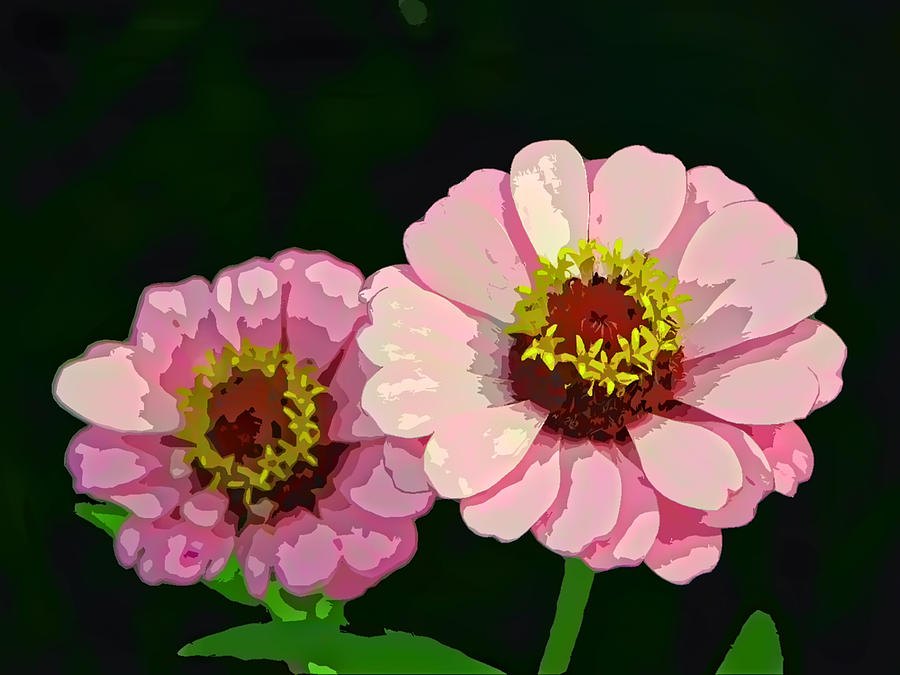 Flowers Still Life Painting - Modern Stylized Pink Zinnias Silk Screen by Elaine Plesser